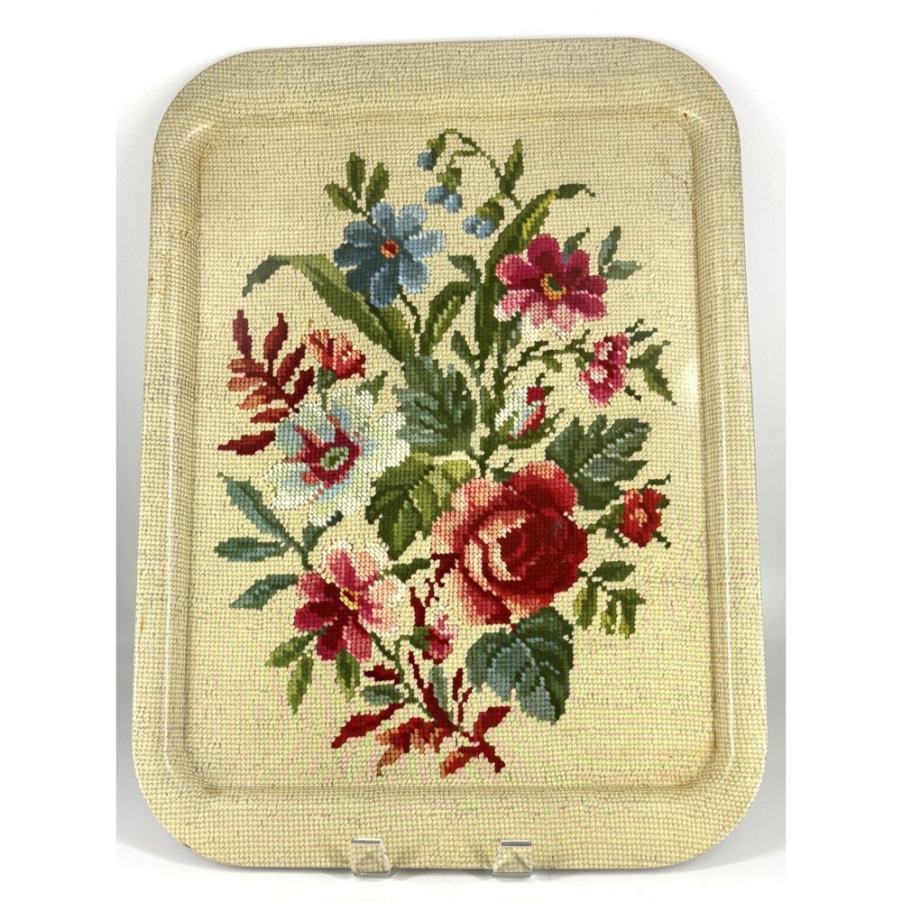 2 VTG Metal Trays 17.5 x 13 Needlepoint Floral Design Beige Red Blue & Green